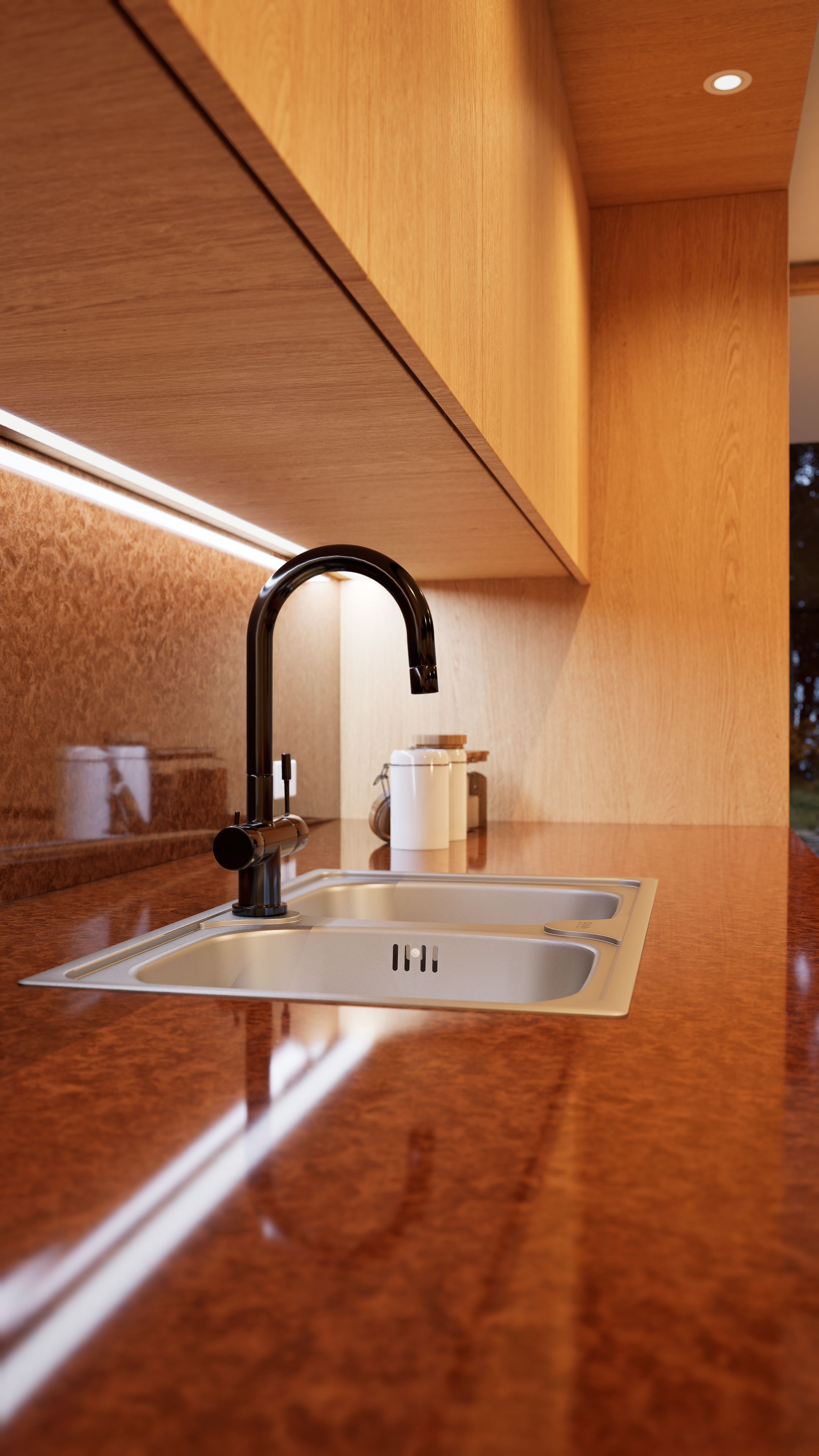 Modern kitchen with a stainless steel sink and black faucet