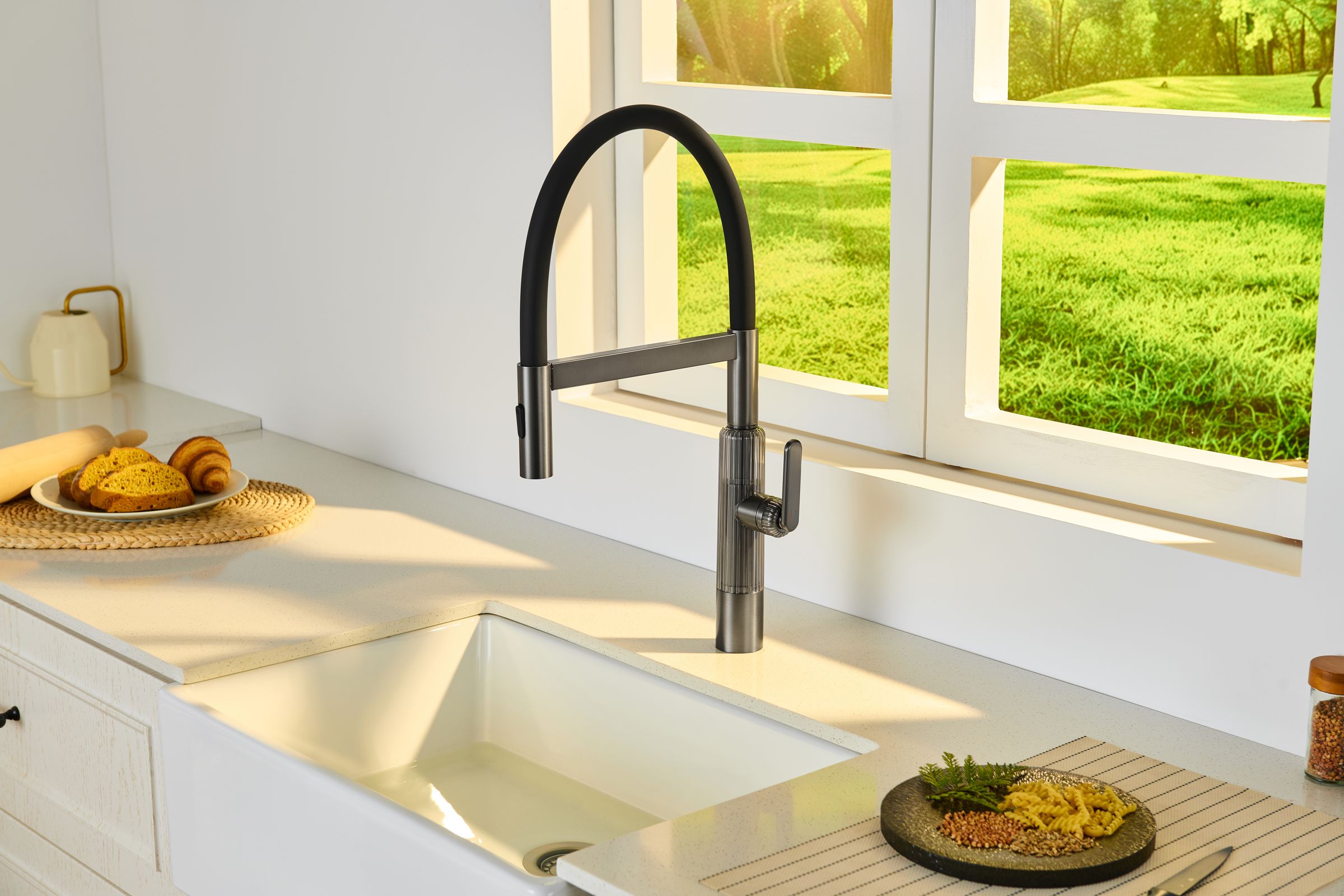Bright international kitchen setting with sink and faucet